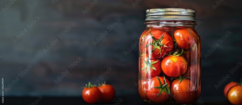 Poster Close-up of a pickling jar filled with fresh tomatoes displayed on a black kitchen table, providing copy space for text in the image.