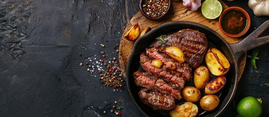 A juicy beef steak with potatoes on a dark background, accompanied by a cast iron pan and wooden plate topped with squeezed lime, providing free copy space image.