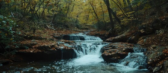 Fototapeta premium Autumn wilderness canyon scene with a small waterfall or stream in the forest offers a serene backdrop with ample copy space for text or lettering.