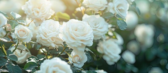 White roses in full bloom on a garden bush with copy space image. © HN Works