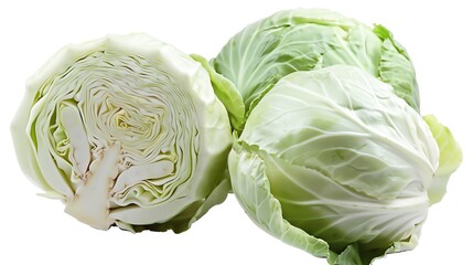 Obraz premium Whole white cabbage, crisp and dense, symmetrically isolated on white, provided as a PNG for coleslaw or fermented food recipes