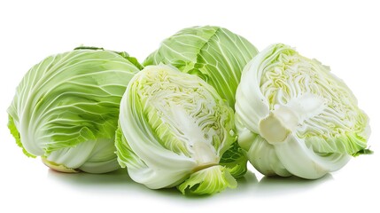 Fototapeta premium Whole white cabbage, crisp and dense, symmetrically isolated on white, provided as a PNG for coleslaw or fermented food recipes