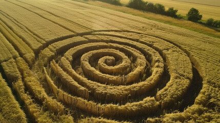 Aerial view of an intricate geometric crop circle formation in a wheat field