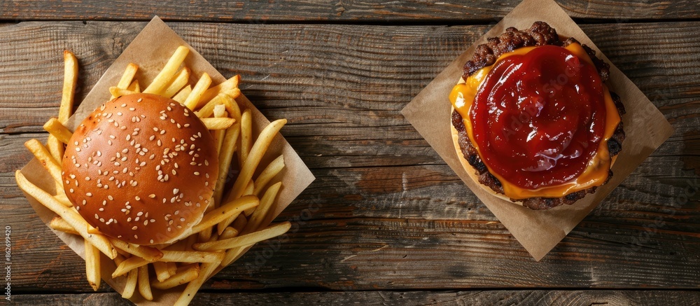 Poster Top-down shot of a tasty burger with beef, ketchup, and fries on a wooden surface, allowing for text in the image. Copy space image. Place for adding text and design