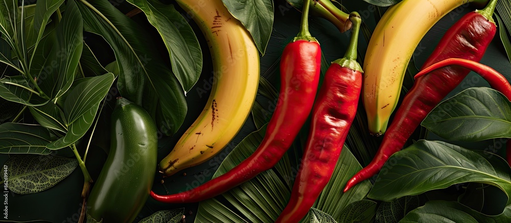 Poster Banana tree leaves serve as background for red and green peppers in a copy space image.
