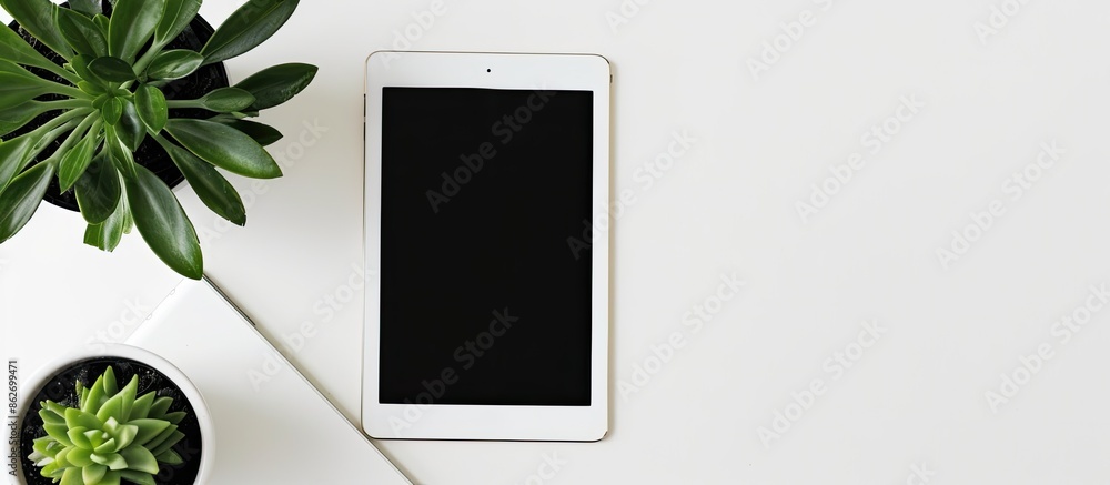 Poster a tablet sits alone against a plain white background with copy space image.