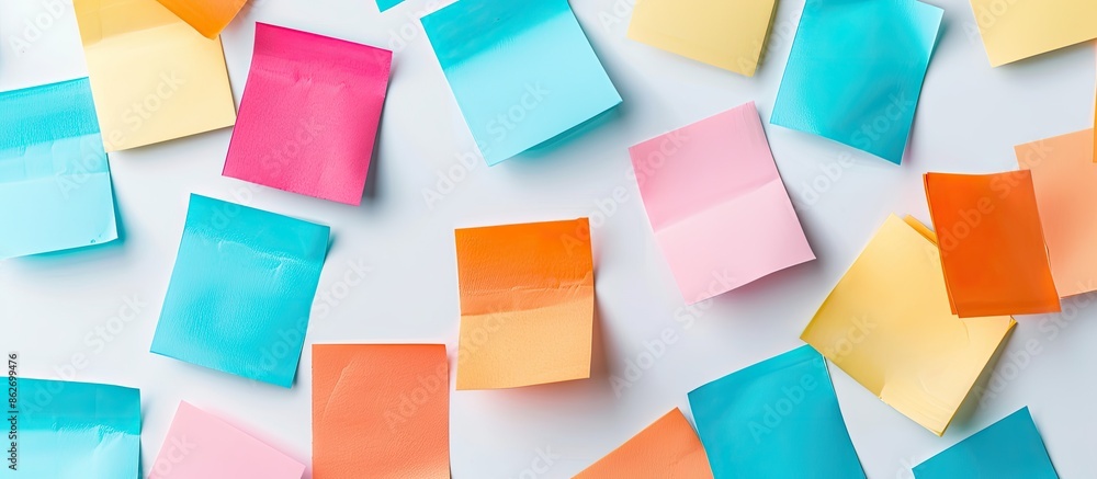 Poster colorful sticky notes displayed on a white background with copy space image available.