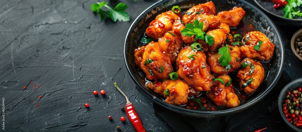 Poster delicious sweet and sour chicken served in a bowl with spices on a dark backdrop featuring copy spac