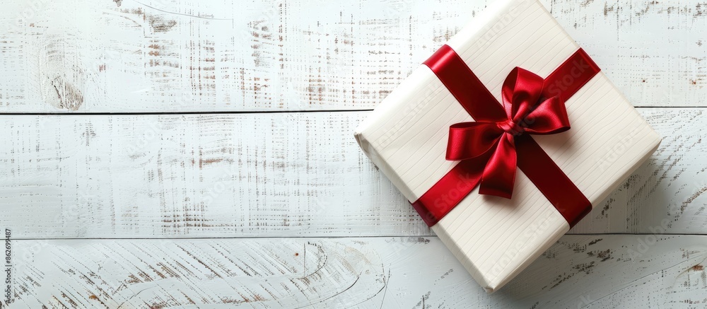 Aufkleber gift box with a thin red ribbon placed on a white wooden table with copy space image.