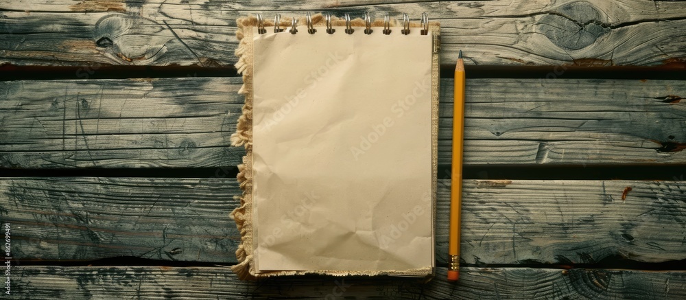 Fototapete Image of a notepad and pencil on a wooden background, suitable for educational or business purposes, emphasizing the space for text or objects in photography. Copy space image