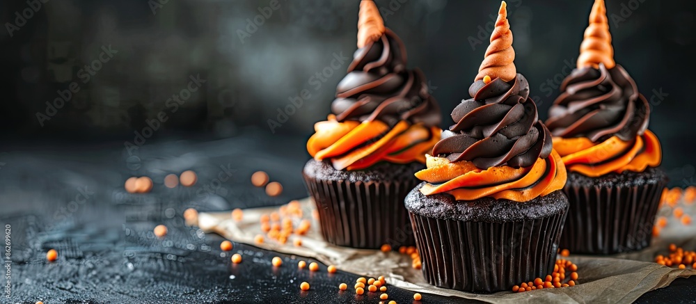 Poster witch hat cupcakes displayed on a dark surface with ample copy space image.