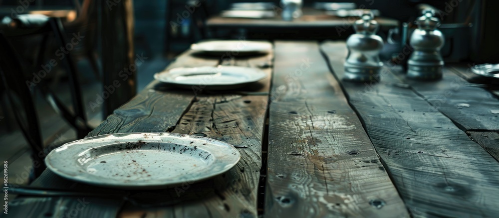 Poster Dark wooden table set up with plates, creating a rustic ambiance for a meal, ready for use with copy space image.