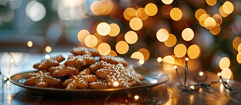 Poster a festive scene with gingerbread cookies displayed on a table surrounded by christmas lights creatin
