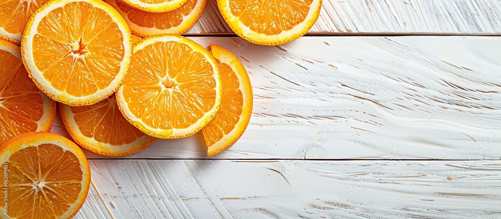 Poster Top-down view of orange slices on a white wooden table surface with ample space for adding images.