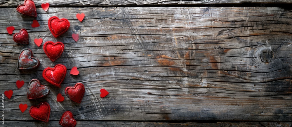 Poster valentine's day-themed display with red hearts arranged on a rustic wooden table, providing a charmi