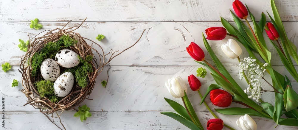 Aufkleber Easter-themed greeting card with eggs in a nest, tulip bouquet, and moss on a rustic white wooden backdrop. Top view flat lay with space for text or image. Copy space image
