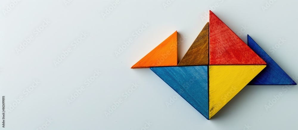 Poster Closeup view of a single colorful tangram piece from a construction game on a plain white background, conveying the concept of construction, with copy space image.