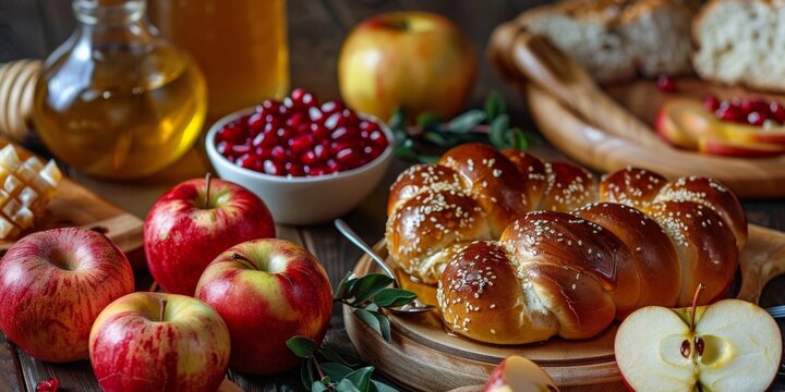 Traditional Challah Bread With Apples and Pomegranate for Rosh Hashanah