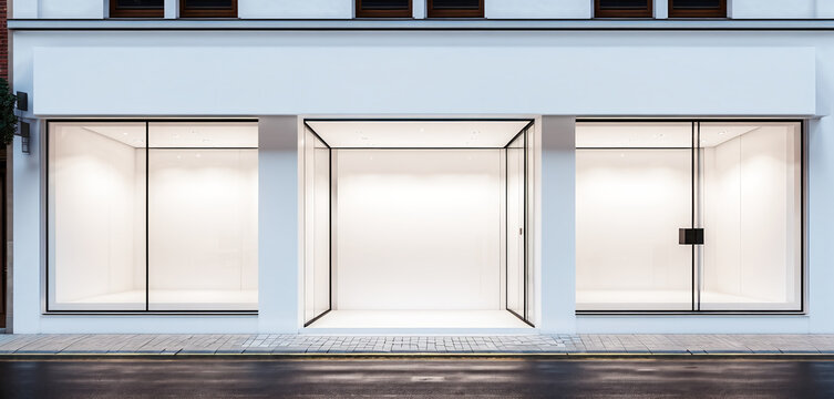 Frontal top view of the front of a modern and bright store in a shopping street of a city