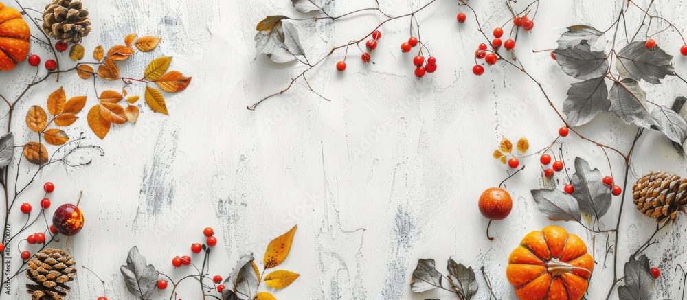 Poster Festive fall decoration with pumpkins, leaves, and berries on a white rustic backdrop, creating a flat lay design with a blank area for inserting text or images. Copy space image