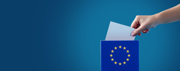 Hand putting paper into a blue ballot box with a European flag on it, isolated on a dark background