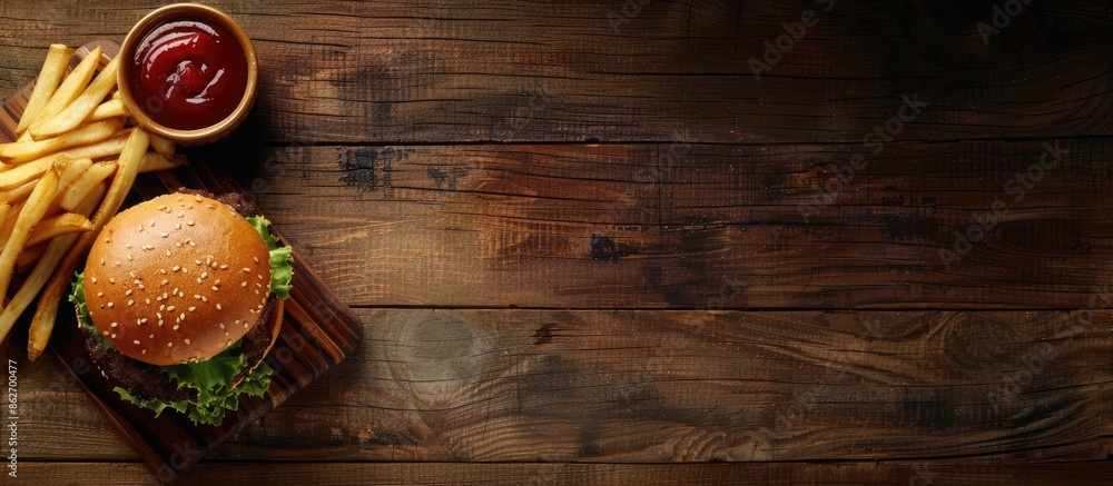 Poster Top-down shot of a tasty burger with beef, ketchup, and fries on a wooden surface, allowing for text in the image. Copy space image. Place for adding text and design