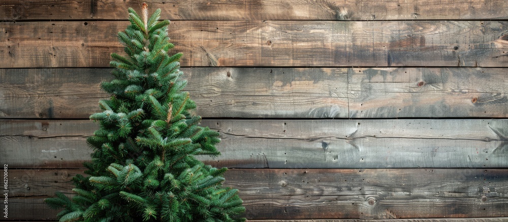 Poster a christmas fir tree displayed on a wooden backdrop with copy space image.
