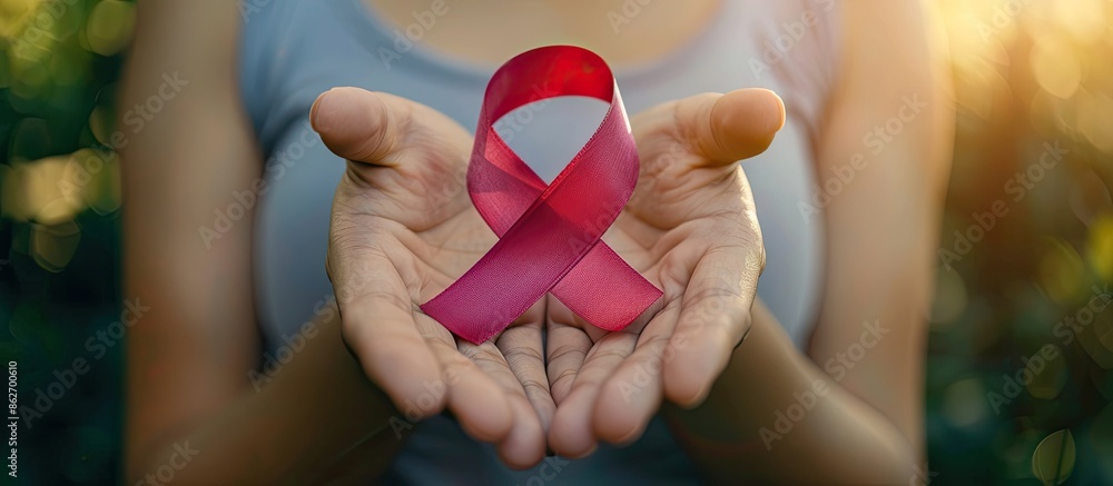 Poster hands of a woman showing support by grasping a crimson aids awareness ribbon in a healthcare and med