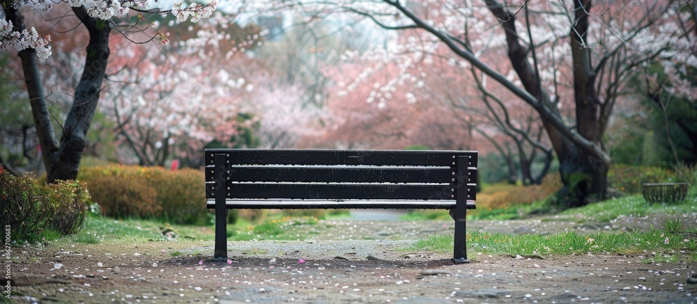 Leinwandbilder an empty bench with no people around in a garden, set against a backdrop of blossoming cherry blosso