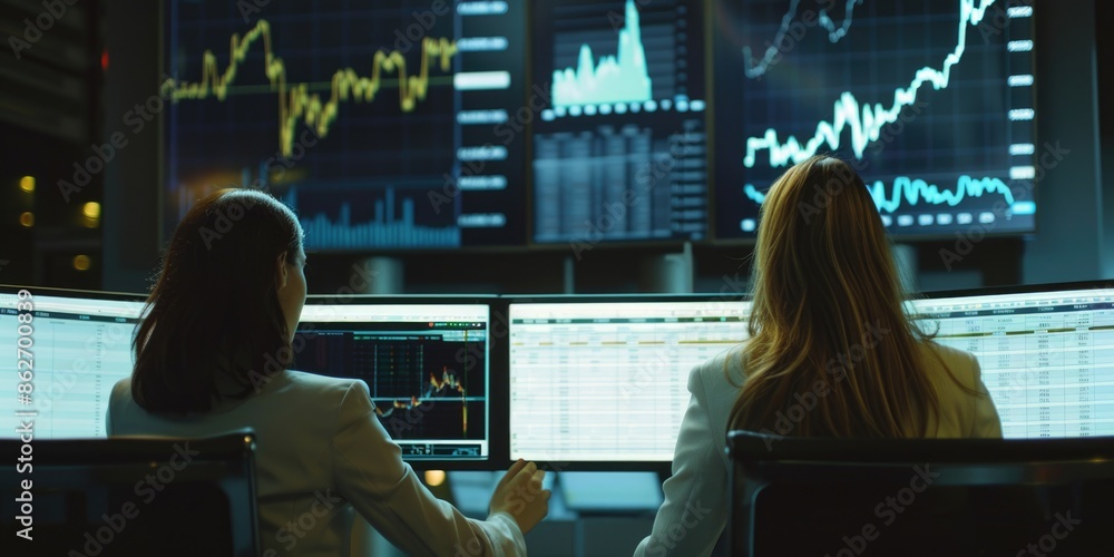 Poster two women are sitting at a computer with multiple screens displaying financial data. they are focuse