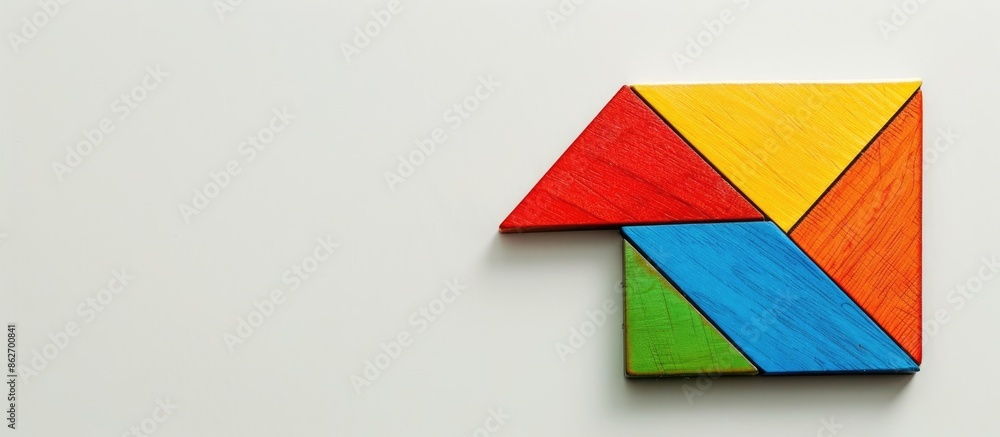 Poster Closeup view of a single colorful tangram piece from a construction game on a plain white background, conveying the concept of construction, with copy space image.