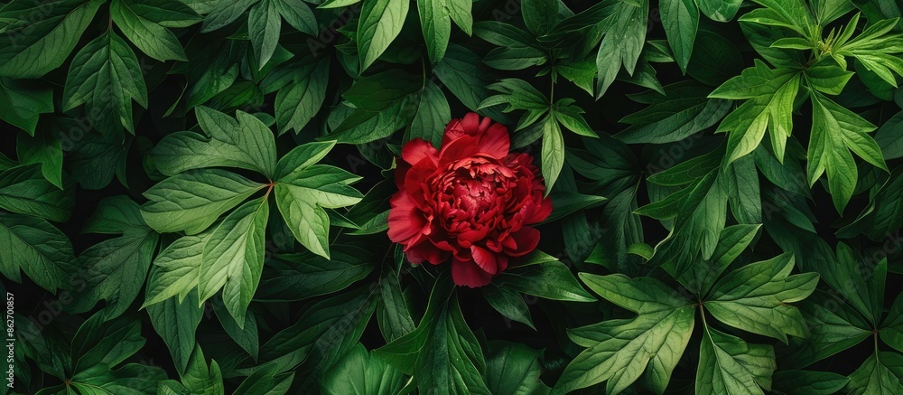 Aufkleber top view of a red peony in bloom amidst lush greenery, ideal for a postcard design featuring copy sp
