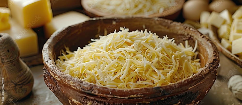 Poster a digital combination showcasing a text for national cheese day, with shredded cheese in a bowl on a
