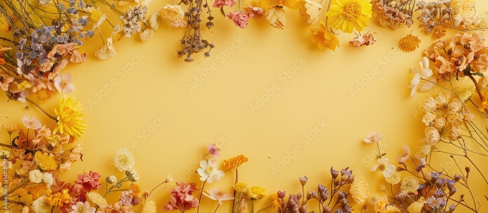 Fototapete Dried flowers arranged in a frame on a yellow background for a flat lay top view with room for additional content in the image.