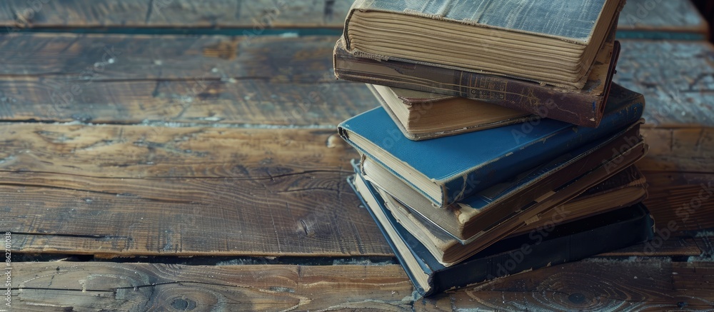 Poster A pile of thick hardcover books rests on a rustic wooden desk, ideal for a back-to-school theme with a space for adding text or images within the frame. Copy space image