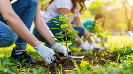 Fototapeta premium Community Volunteers Planting Trees Green Environment Conservation Hands in Gloves Outdoor Gardening 