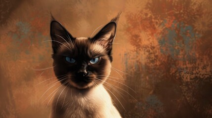 Siamese cat with adorable expression on brown backdrop
