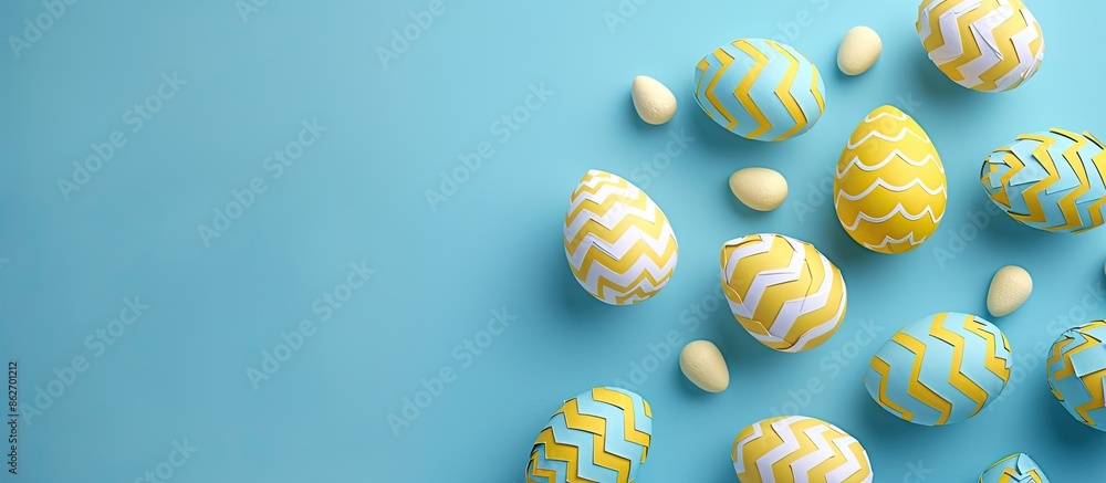 Poster top view of yellow paper-crafted eggs on a blue backdrop, portraying an easter and spring theme, wit