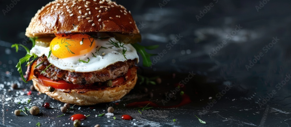 Poster Delicious burger topped with a fried egg presented on a dark backdrop, with room for adding text in the empty area of the image. Copy space image. Place for adding text and design