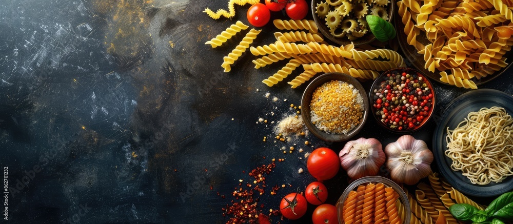 Poster cooking concept showcasing different types of pasta with a copy space image.