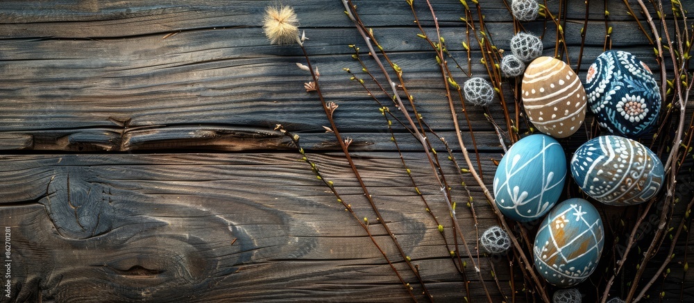 Aufkleber top view of a rustic easter still life on a wooden background featuring decorated eggs and dry willo