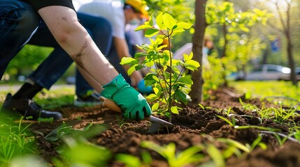 Naklejka premium Group of Volunteers Planting Trees Green Environment Hands in Gloves Community Gardening Outdoors