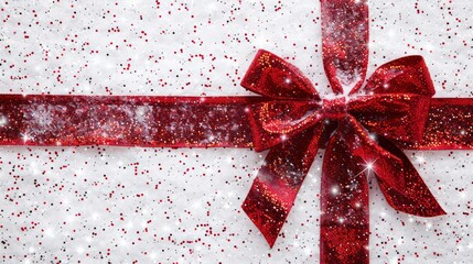 Glitter red bow on a white background - christmas ribbon presents design. Generative AI