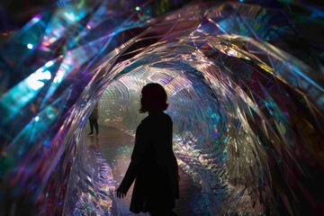 people visitors exploring an immersive art installation tunnel with metallic translucent ephemeral dreamy vibe exhibition at modern museum space