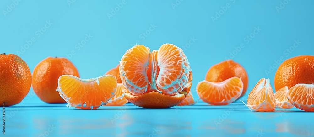Poster isolated whole ripe mandarin fruit and slices set against a blue backdrop with copy space image.