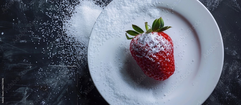 Poster plate with a strawberry topped with sugar, creating a sweet and appetizing copy space image.
