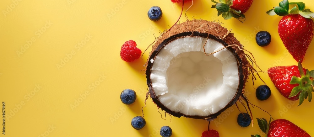 Poster top view of a summer-themed banner featuring half a coconut garnished with a strawberry and blueberr