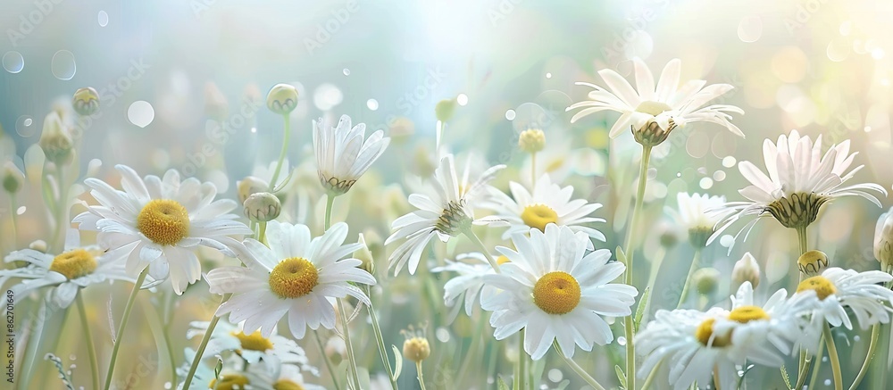 Poster A beautiful arrangement of daisies in a field with a light backdrop, perfect for a copy space image.