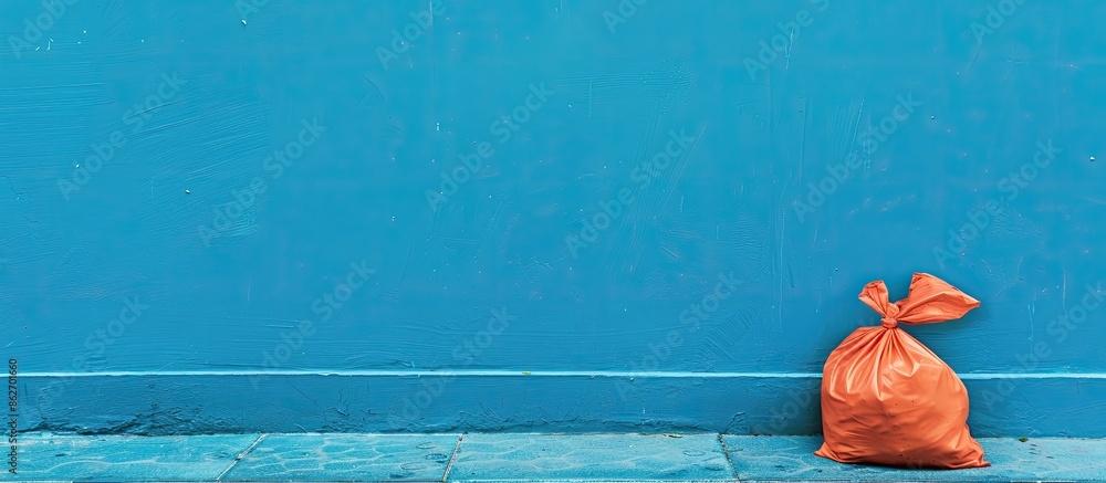 Poster garbage bag positioned beside blue wall in photo with copy space image.