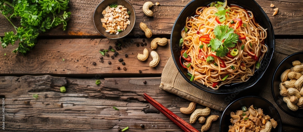Poster wooden background sets the stage for dandan noodles, peanuts, and minced pork, creating a perfect co